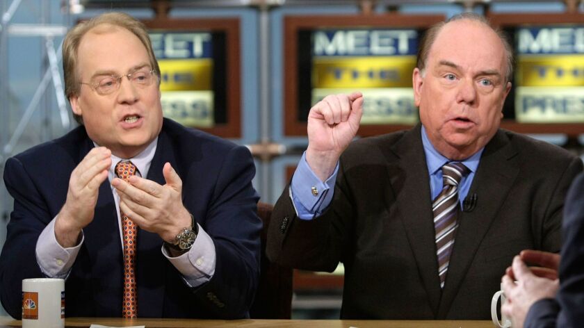 Republican strategist Mike Murphy, left, and Democratic strategist Bob Shrum speak during a taping of "Meet the Press" on April 13, 2008, in Washington, D.C. The two are heading up a new Center for the Political Future at USC.