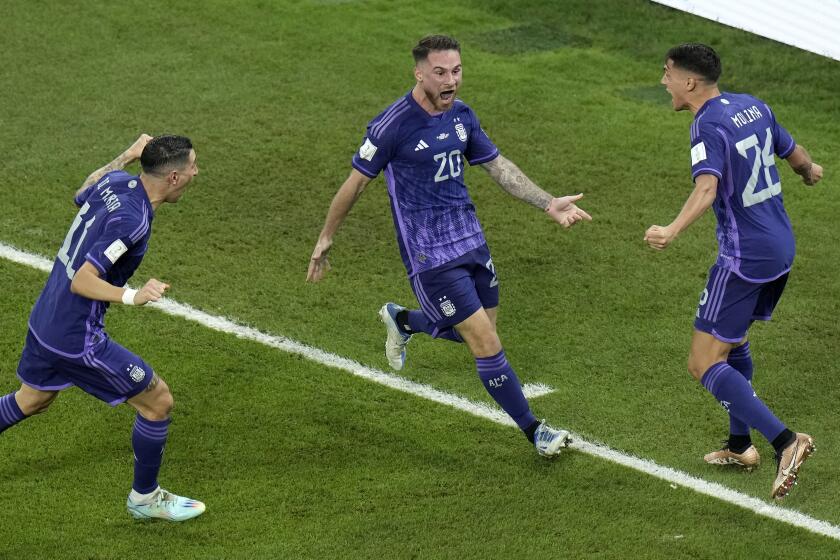 Argentina's Alexis Mac Allister, center, celebrates after scoring his side's opening goal during the World Cup group C soccer match between Poland and Argentina at the Stadium 974 in Doha, Qatar, Wednesday, Nov. 30, 2022. (AP Photo/Hassan Ammar)