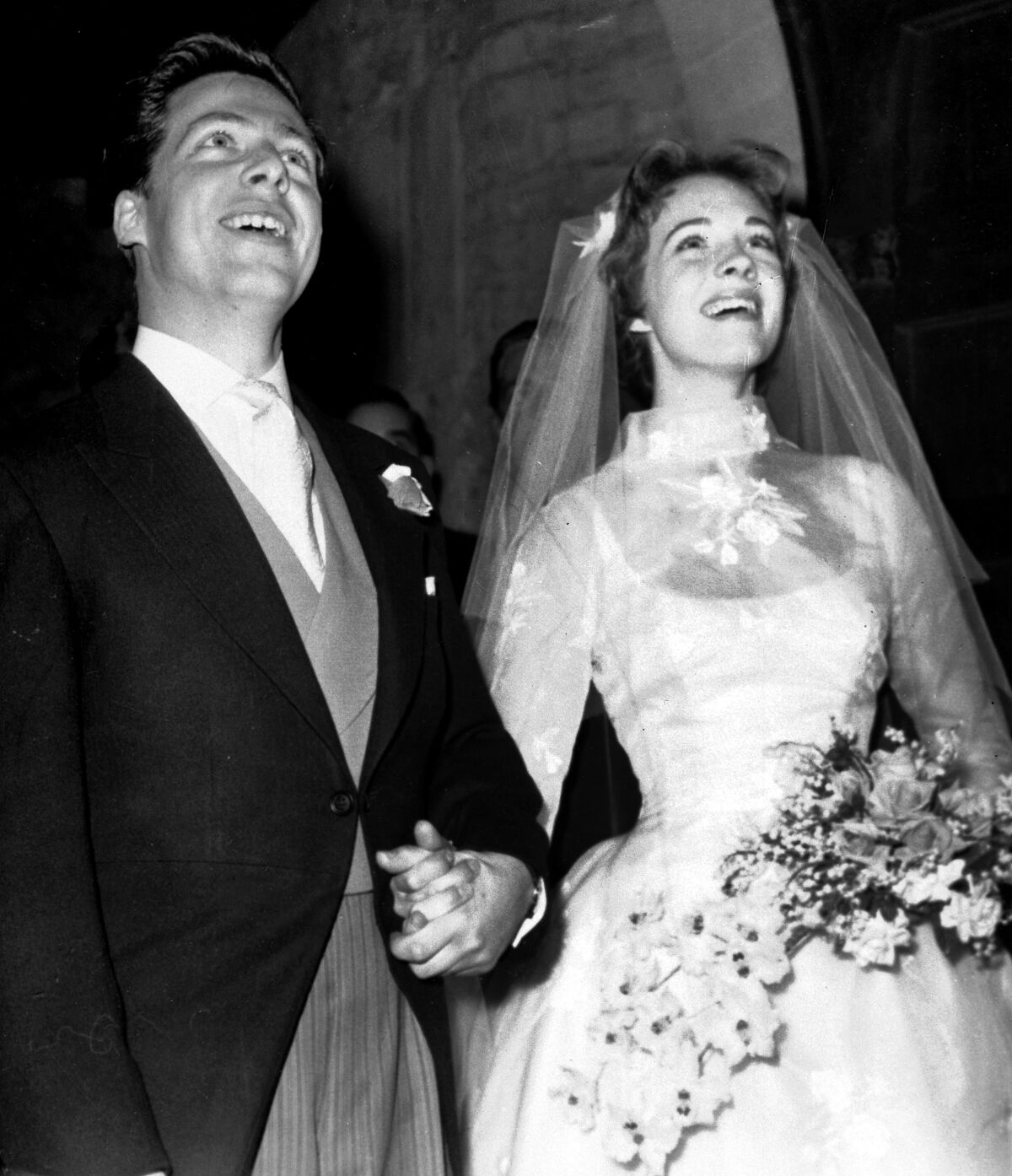 black-and-white photo of a bride and a groom