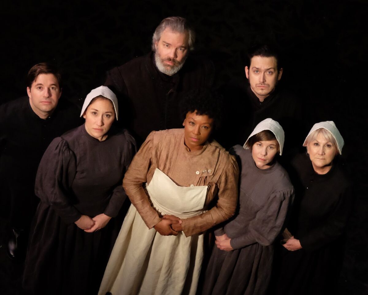 Omri Schein, Caitie Grady, Jason Heil, Yolanda Marie Franklin, Charles Evans, Rachael VanWormer and Kerry Meads (from left) in Lamb's Players Theatre's "Babette's Feast."
