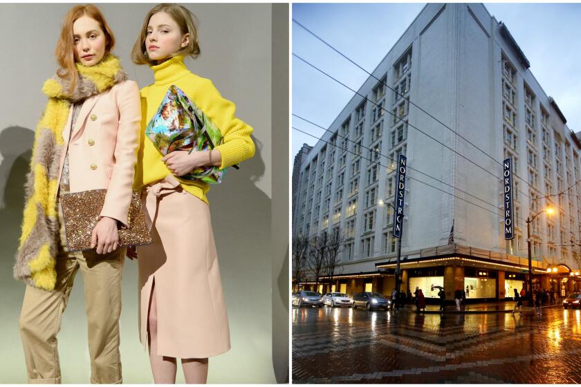 Looks from J. Crew's February 2015 New York Fashion Week presentation, left, and a January 2015 file photo of Nordstrom's downtown Seattle flagship, right, one of the 16 stores nationwide set to carry the J. Crew goods starting Sept.12.