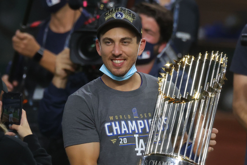 ARLINGTON, TEXAS - OCTOBER 27: Austin Barnes #15 of the Los Angeles Dodgers celebrates.