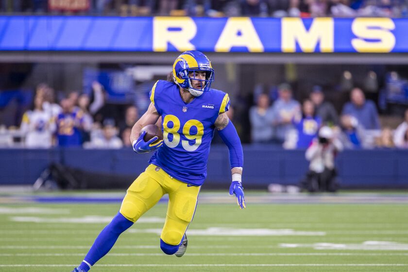 Rams tight end Tyler Higbee gains yardage during the NFC championship game win over the San Francisco 49ers on Jan. 30, 2022.