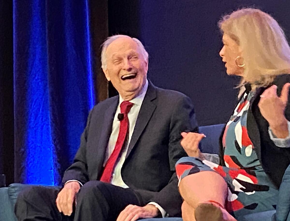 TV and science-communication icon Alan Alda shares a laugh with Laura Lindenfeld, executive director of the Alan Alda Center for Communicating Science, at La Jolla’s Scripps Research auditorium on Jan. 16.