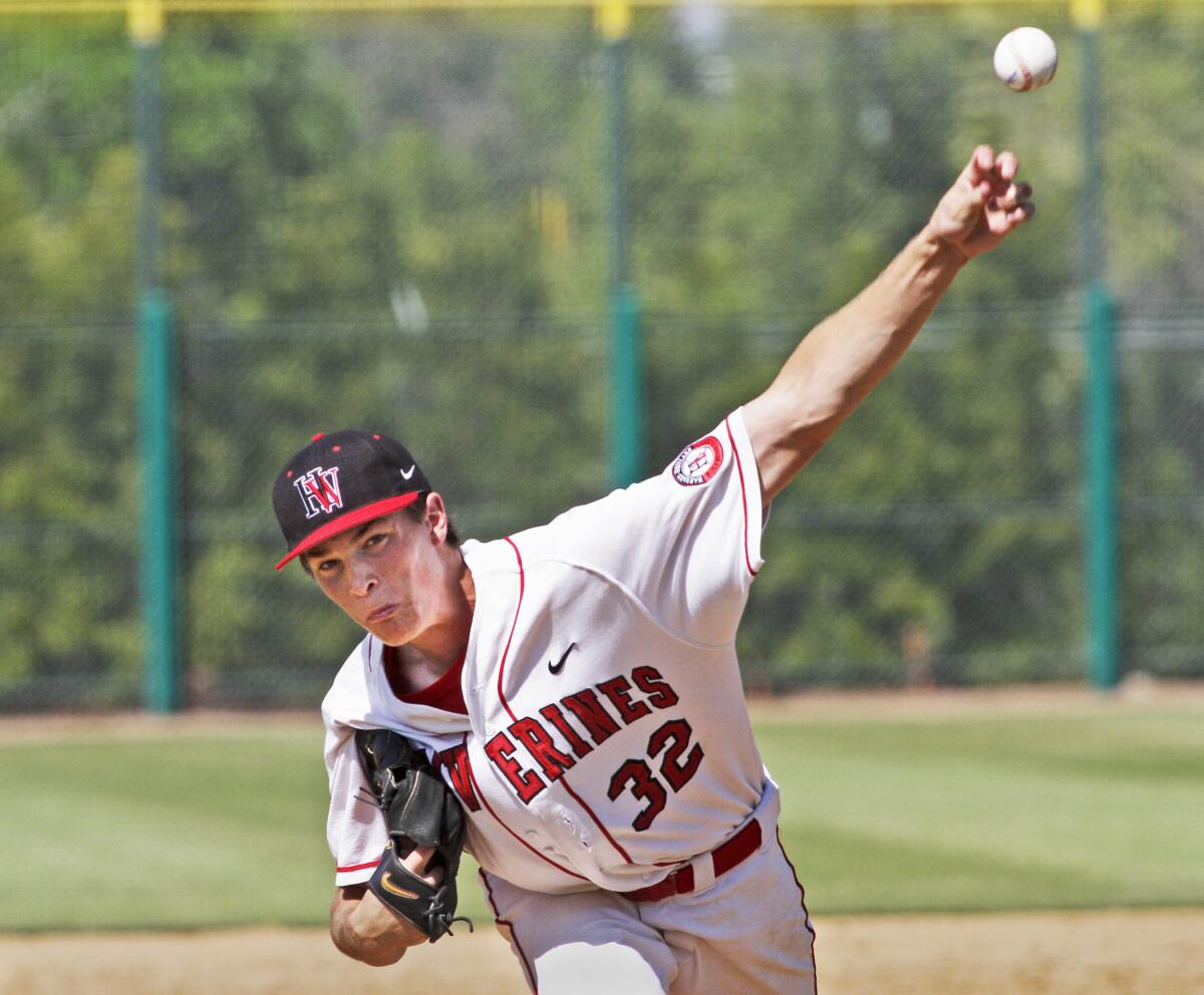 Max Fried pitches for Harvard-Westlake during a Southern Section Division 2 playoff game against Ventura in 2012.