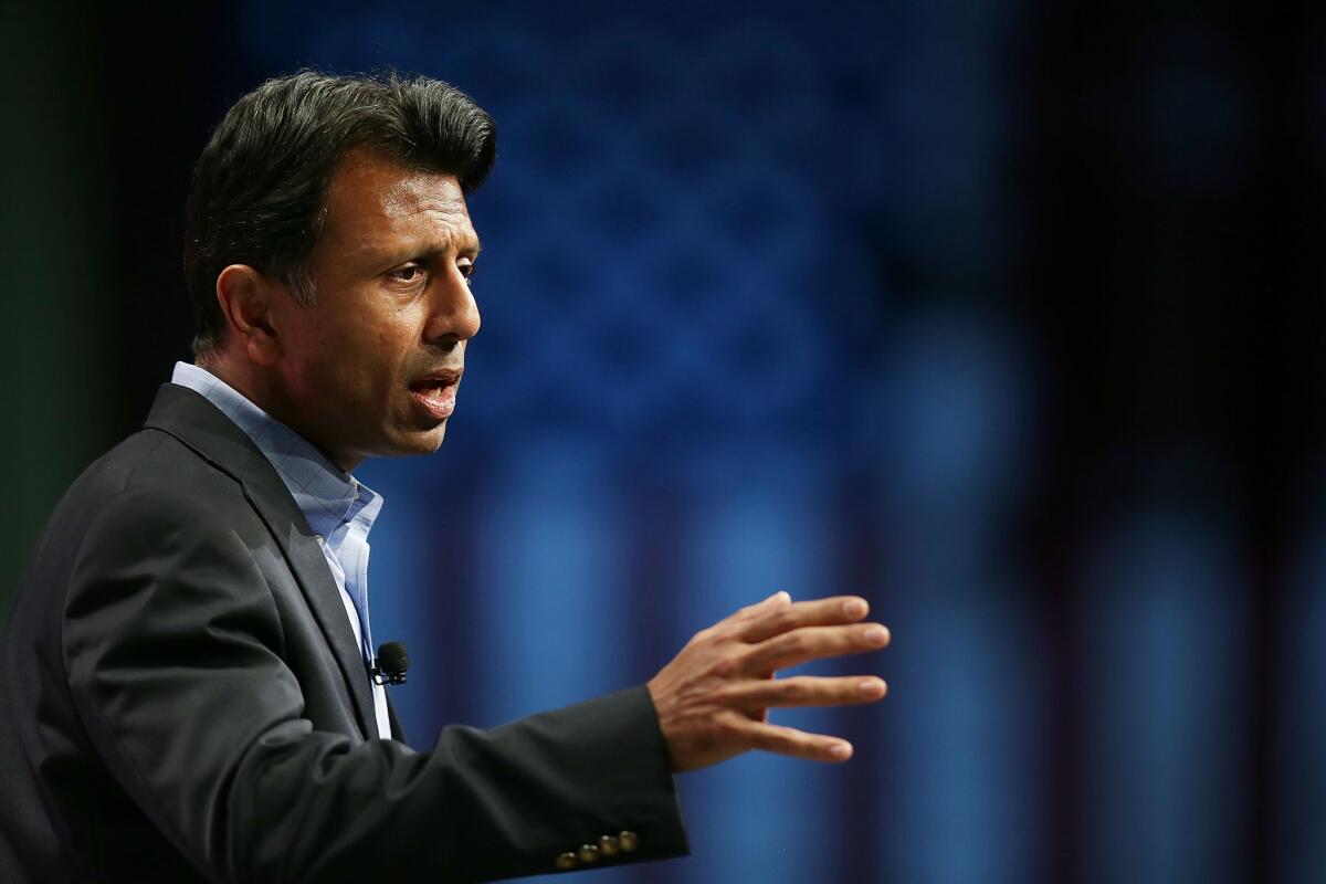 ORLANDO, FL - NOVEMBER 14: Republican presidential candidate Louisiana Governor Bobby Jindal speaks during the Sunshine Summit conference being held at the Rosen Shingle Creek on November 14, 2015 in Orlando, Florida. The summit brought Republican presidential candidates in front of the Republican voters. (Photo by Joe Raedle/Getty Images) ** OUTS - ELSENT, FPG, CM - OUTS * NM, PH, VA if sourced by CT, LA or MoD **