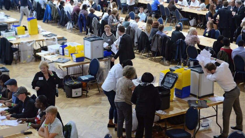 Ballots from the City of Westminster and City of London are counted at the Lindley Hall in London on June 23.