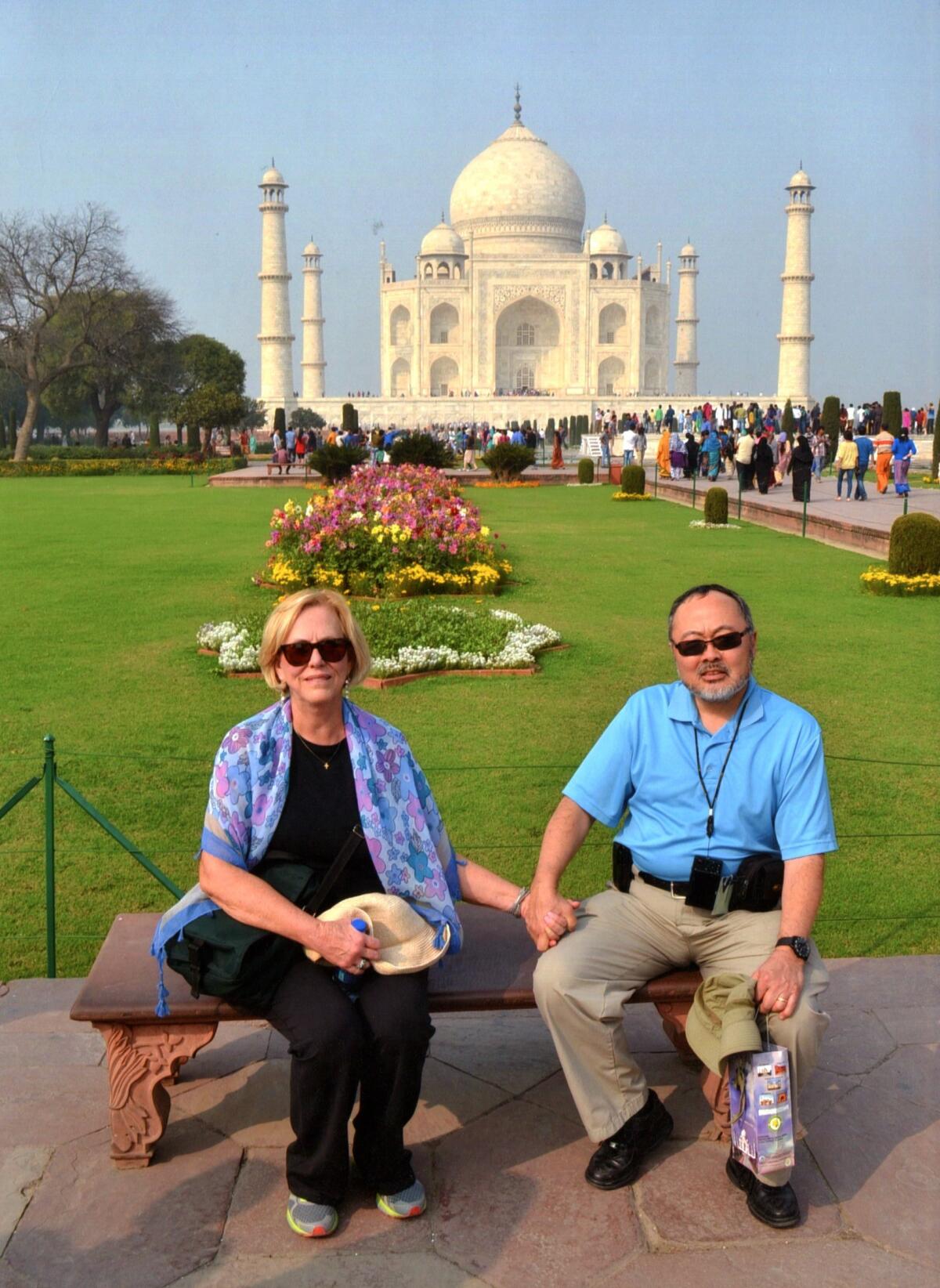 Peggy York and Lance Ito during a visit to the Taj Mahal.