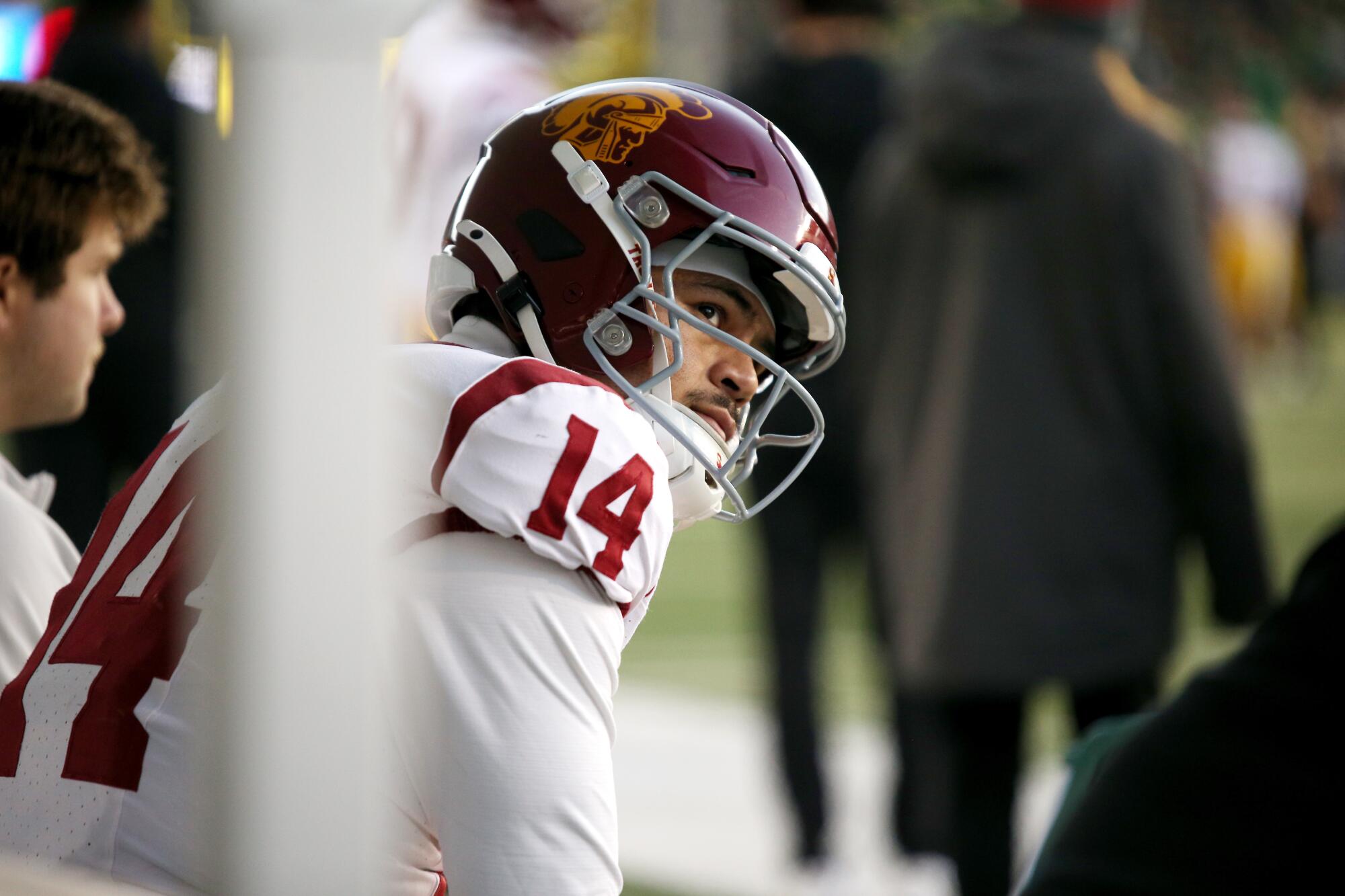 No. 15 USC's Faculty Soccer Playoff hopes shattered in loss to No. 7 Oregon 2 USC quarterback Jayden Maiava looks toward the scoreboard against Oregon.