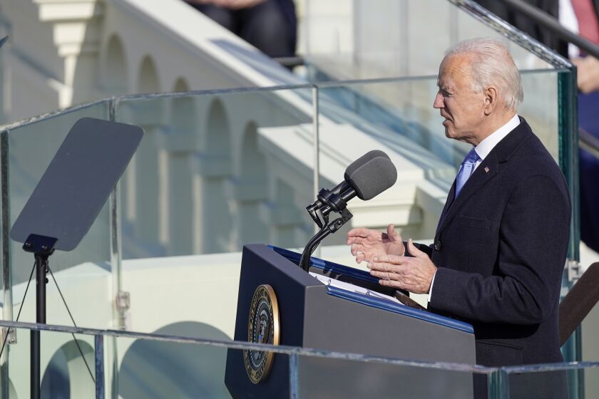 Washington , DC - January 20: U.S. President Joe Biden delivers his inaugural address after being sworn in as the 46th president of the United States on the West Front of the U.S. Capitol on Wednesday, Jan. 20, 2021 in Washington, D.C. (Kent Nishimura / Los Angeles Times)