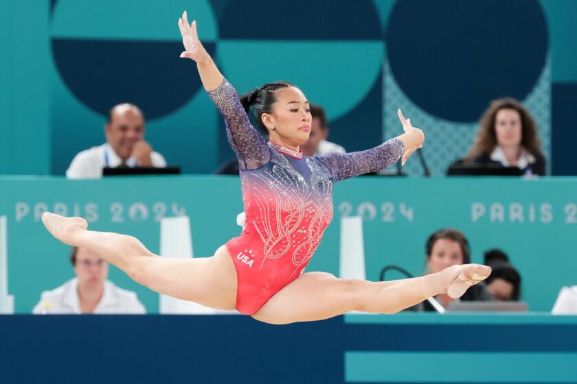 PARIS, FRANCE - AUGUST 01: Suni Lee competes in the floor routine during the women's all around.