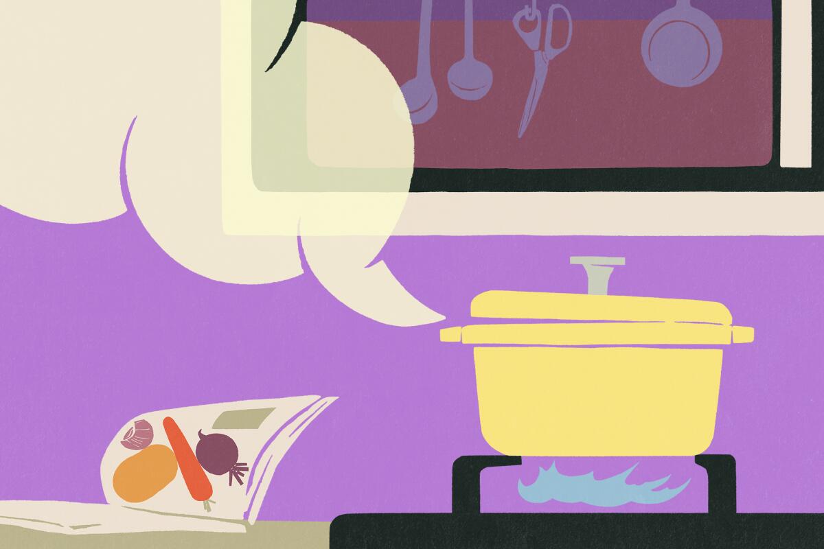 An illustration of a pot cooking on a stove. A cookbook rests on the counter