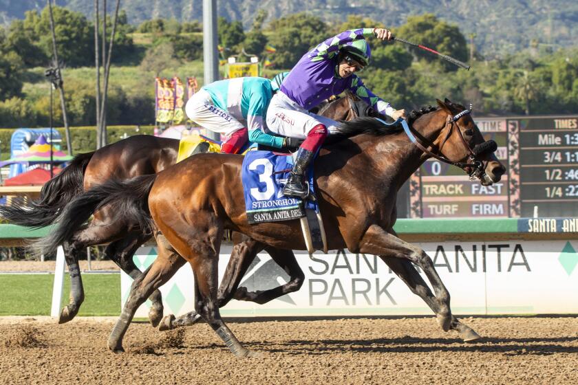 In a photo provided by Benoit Photo, Stronghold and jockey Antonio Fresu, outside.