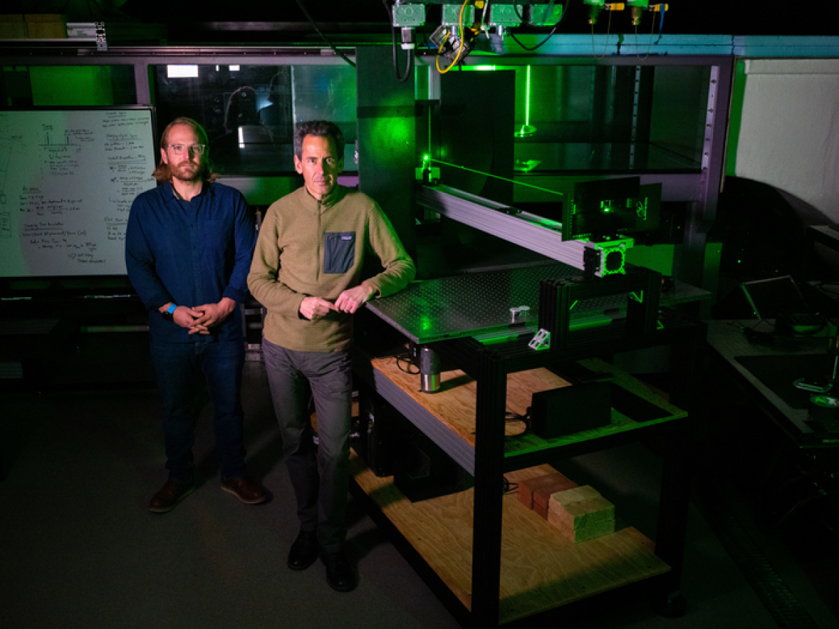 Researchers Aaron True (left) and John Crimaldi in a lab