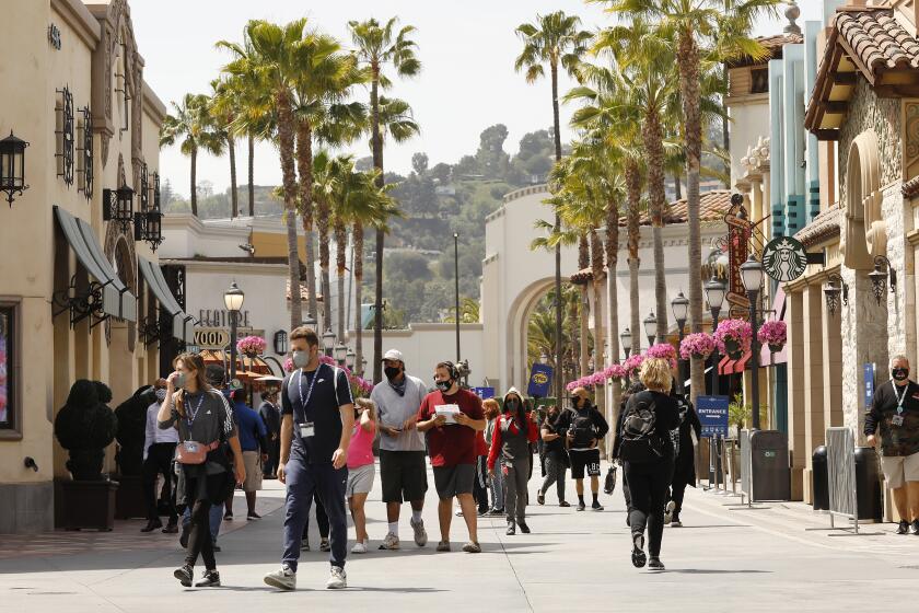 LOS ANGELES, CA - APRIL 15: Universal Studios Hollywood is welcoming guests back to the Theme Park Friday, April 16 to experience the thrill rides and attractions. Universal Studios Hollywood is working with health and government officials to implement new health and safety procedures that include controlled capacity to enforce physical distancing and required face coverings as safeguards for the Coronavirus pandemic. In accordance with government guidelines, only California residents may visit at this time. Universal City Hollywood on Thursday, April 15, 2021 in Los Angeles, CA. (Al Seib / Los Angeles Times).