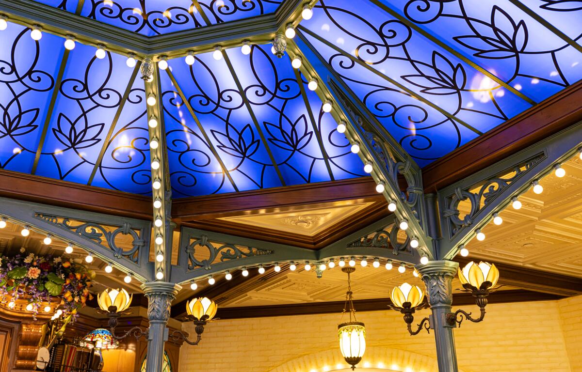 Guests will find a blue skylight inside Tiana’s Palace.