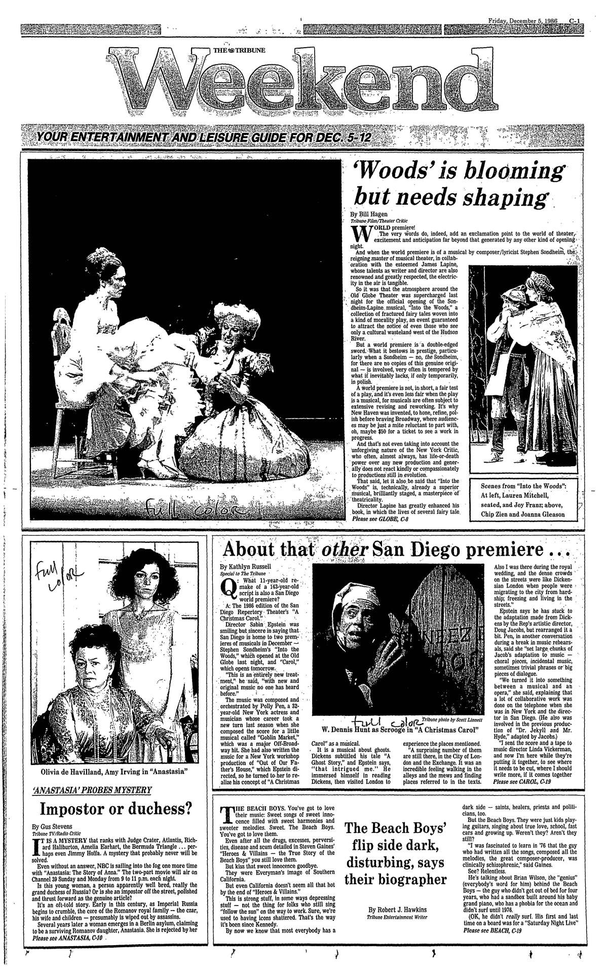 Bill Hagen's review of the world premiere of Stephen Sondheim's "Into the Woods" published Dec. 5, 1986.