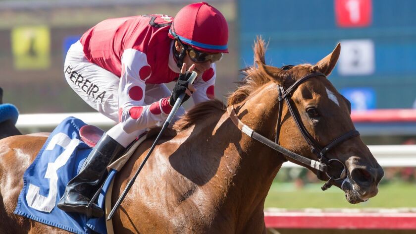 Skye Diamonds and jockey Tiago Pereira win the Grade III $100,000 Rancho Bernardo Handicap horse race in 2017.