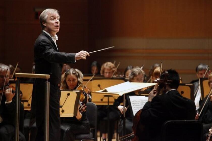 David Robertson conducting the St. Louis Symphony Orchestra in Costa Mesa last month.