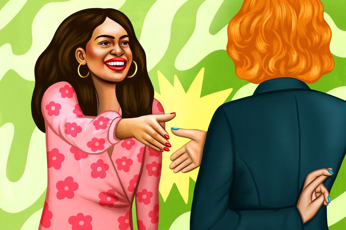 An illustration of two women reaching out to shake hands as one crosses her fingers behind her back.