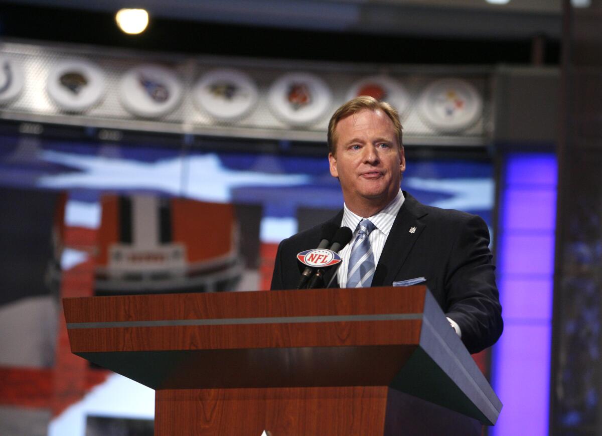 NFL commissioner Roger Goodell on stage at Radio City Music Hall during the 2008 NFL draft.