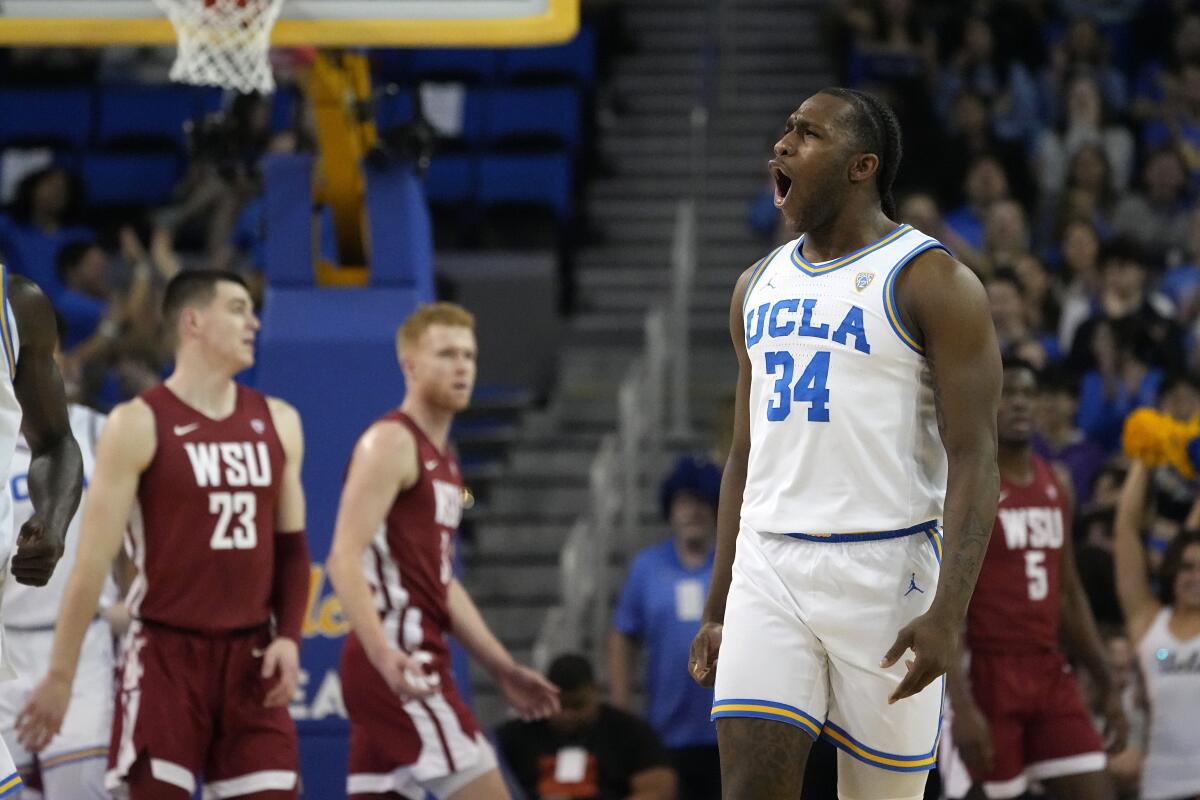 Bruins guard David Singleton (34) celebrates after scoring. 