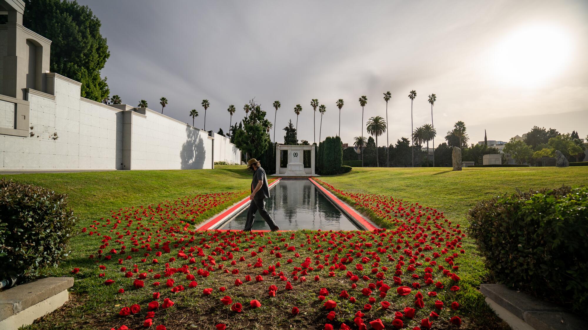 Felt roses cover the grounds at Hollywood Forever Cemetery.