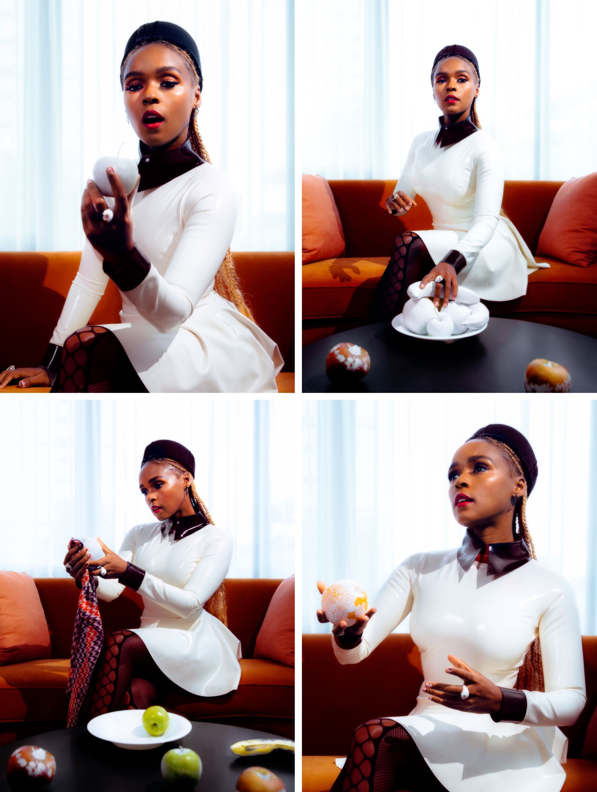 In a grid of four photos, a woman touches and and wipes whole fruits with varying levels of white paint on them.