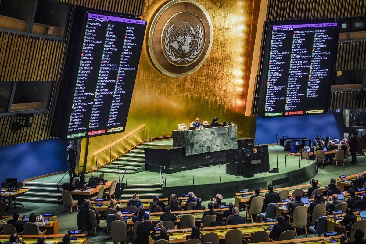La Asamblea General de la ONU durante la votación sobre una resolución que pedía a Israel respetar 