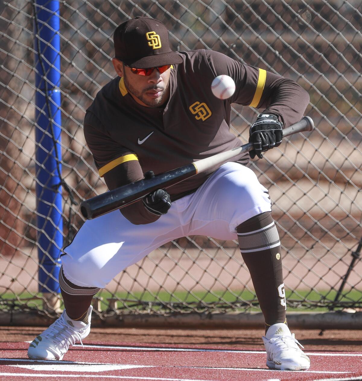 Padres' Tommy Pham bunts during spring training at the Peoria Sports Complex on February 15, 2020 in Peoria, Arizona.