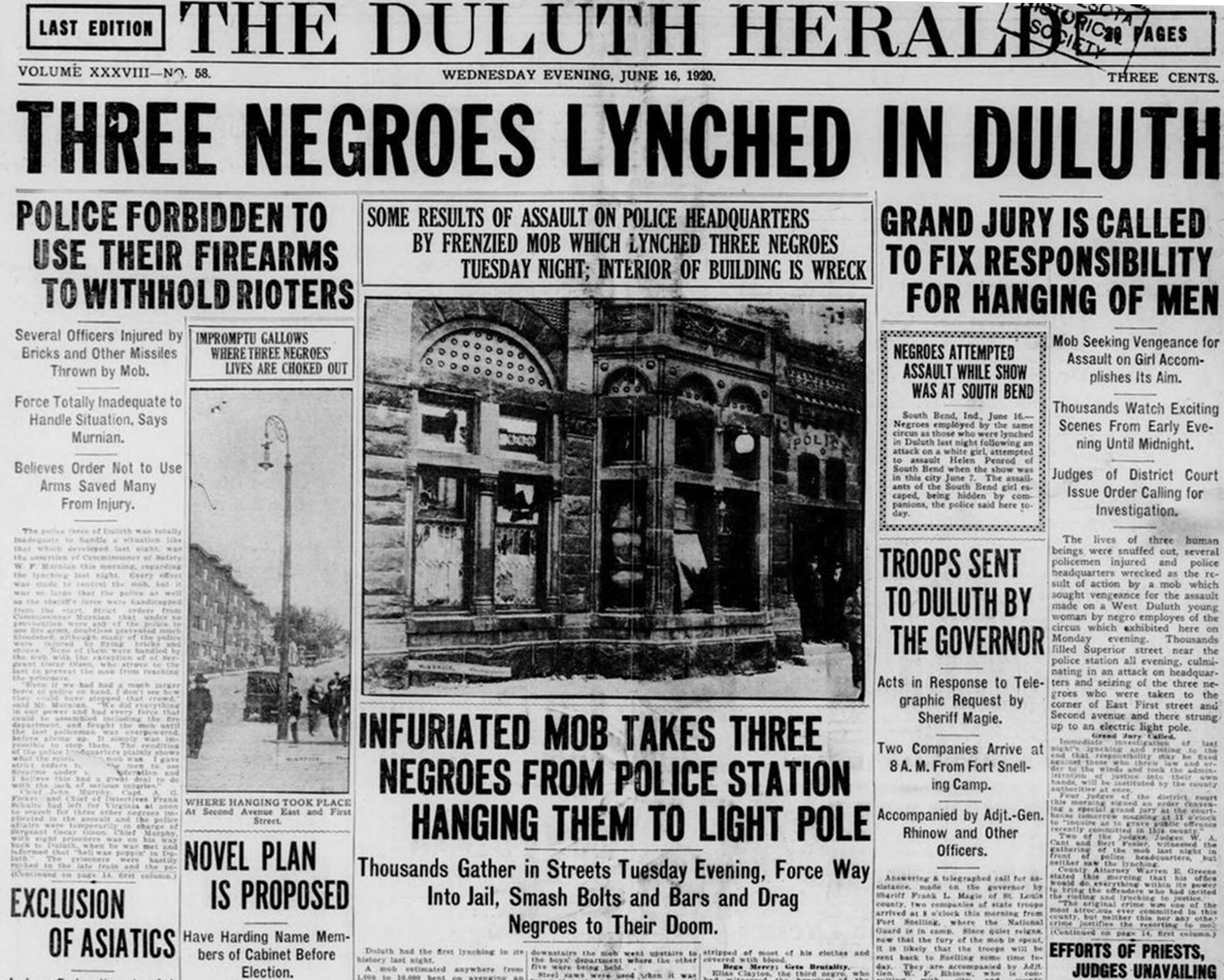 The front page of the Duluth, Minn., Herald after a white mob lynched three Black men on June 15, 1920.