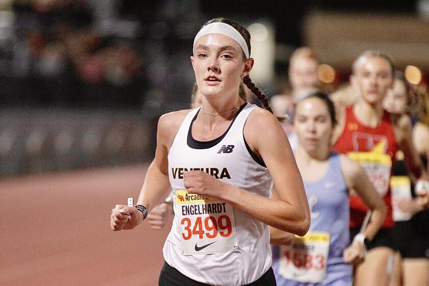 Ventura's Sadie Englehardt runs in the girls' mile at the Arcadia Invitational on April 6, 2024.