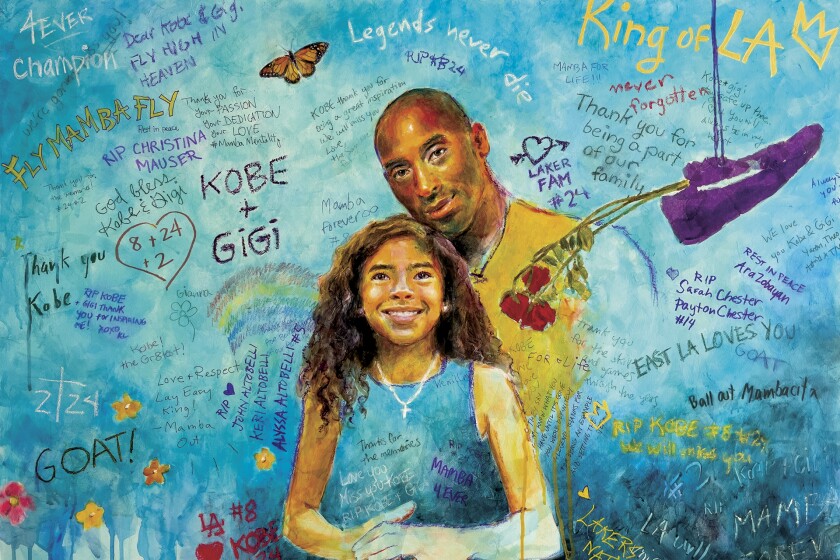 Portrait illustration of Kobe and Gianna Bryant with a wall of fan messages around them.