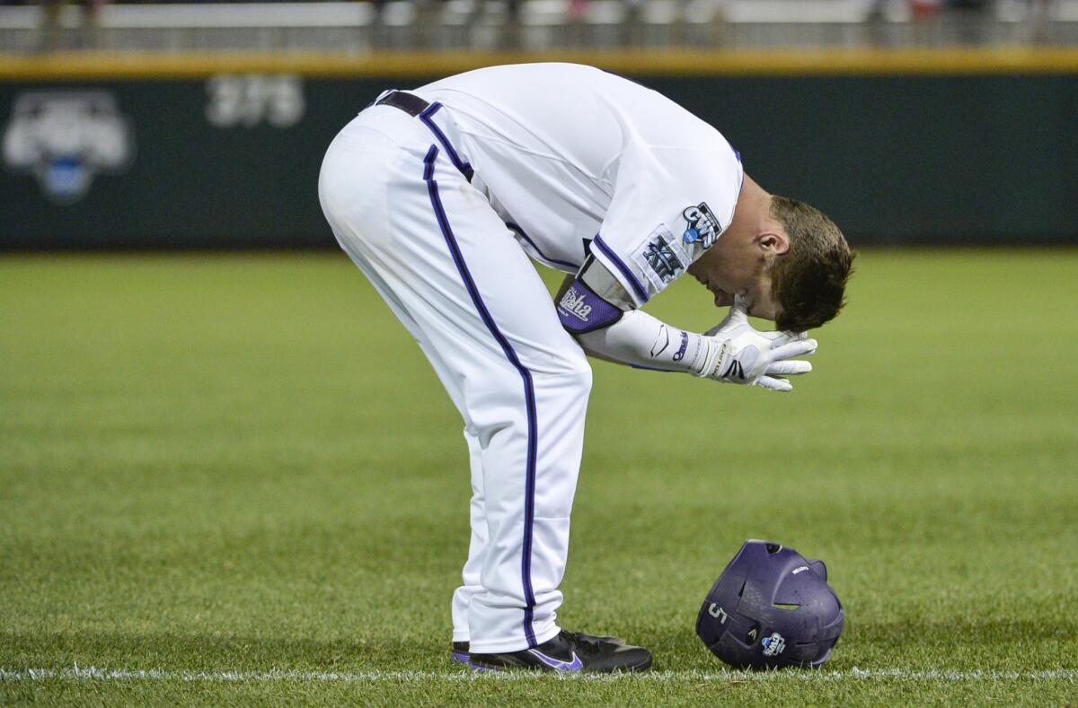 TCU third baseman Derek Odell reacts after the last out in a loss to Mississippi, 6-4, on Thursday at the College World Series in Omaha, Neb.