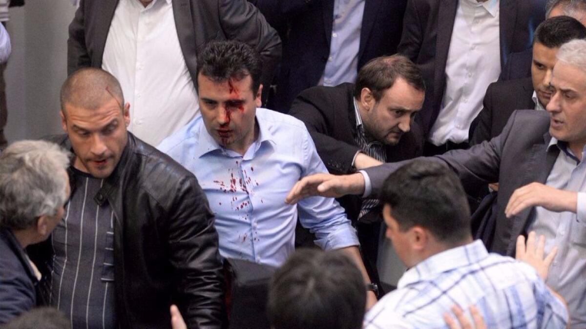 Macedonian opposition leader Zoran Zaev was injured when protesters entered the parliament in Skopje, the capital, after an allegedly unfair vote for a parliamentary speaker on April 27, 2017.