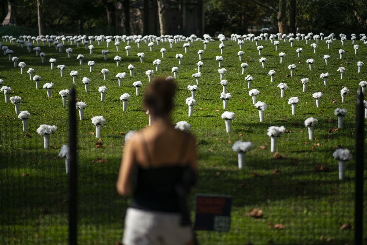A woman looks at vases full of white flowers, that are part of an installation of one-thousand-fifty vases filled with white flowers, representing 1,050 lives lost by gun violence in New York last year, while they are displayed at Battery Park, Thursday, Oct. 7, 2021, in New York. The governors of four northeastern states agreed Thursday to share information about firearms purchases to help detect and investigate straw buyers and other gun crimes. (AP Photo/Eduardo Munoz Alvarez)