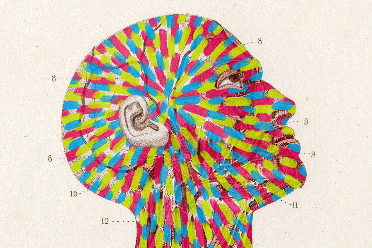 animated illustration of an anatomical head with color lines radiating outward