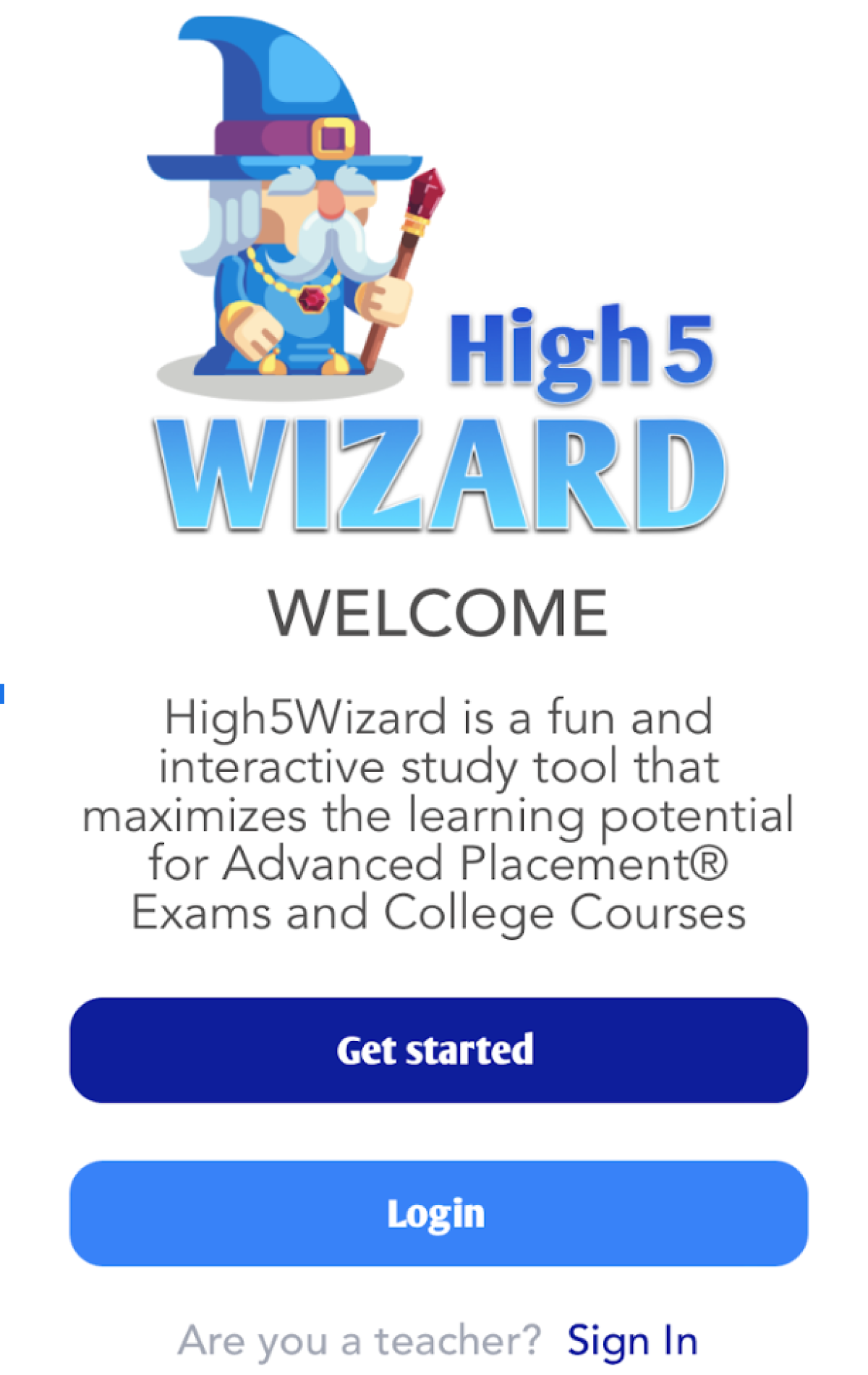 The High5Wizard app, which helps students prepare for A.P. tests.