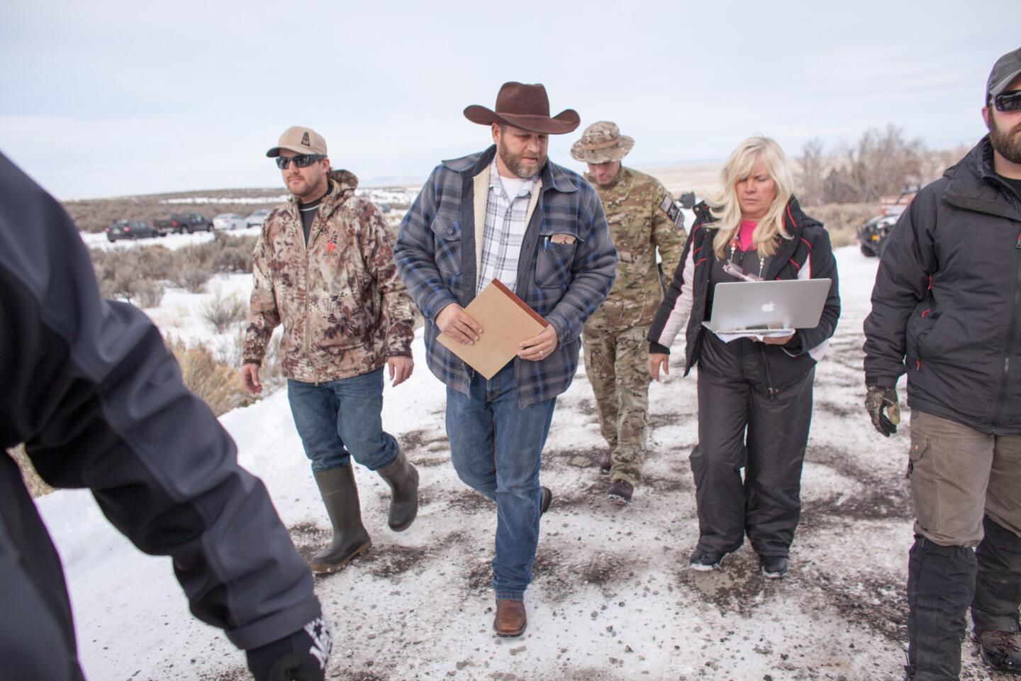 Ammon Bundy, leader of a group of armed anti-government protesters, arrives to speak to the media at the Malheur National Wildlife Refuge near Burns, Ore., on Monday.