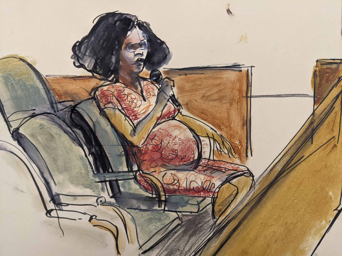 Courtroom sketch of a pregnant woman speaking into a microphone