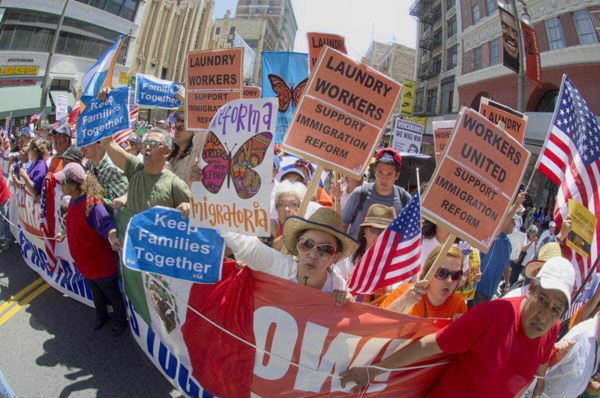 Advocates of immigration reform march in Los Angeles.