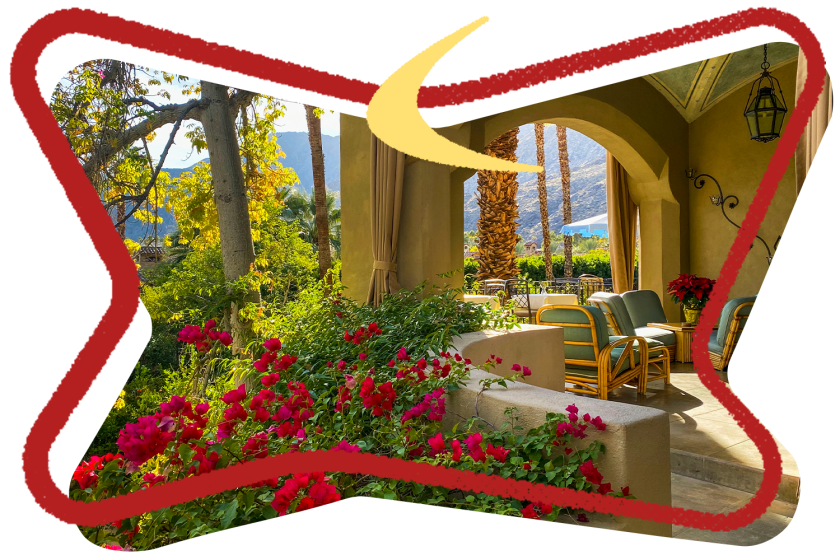 Picture of a hotel patio with many flowers and other flora, surrounded by a retro red frame and a yellow moon icon