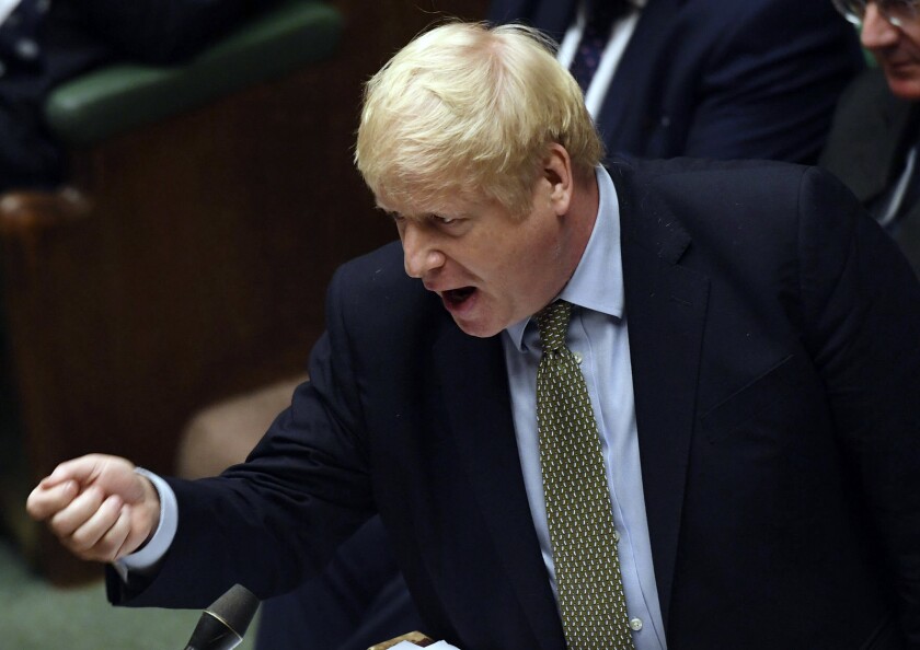 Prime Minister Boris Johnson responds to a question in the House of Commons in London on Jan. 8, 2020.