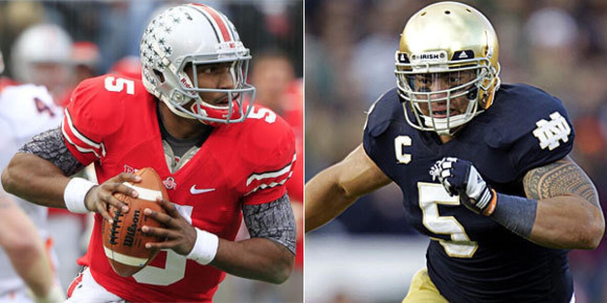 Braxton Miller, left, and the Ohio State Buckeyes won't get the chance to face Mati Te'o and the Notre Dame Fighting Irish in the BCS championship games due to NCAA sanctions.