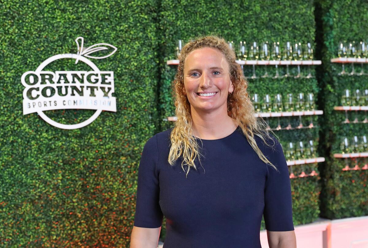 Evolution Award honoree Kaleigh Gilchrist arrives at the inaugural OC Sports Awards at Angel Stadium.
