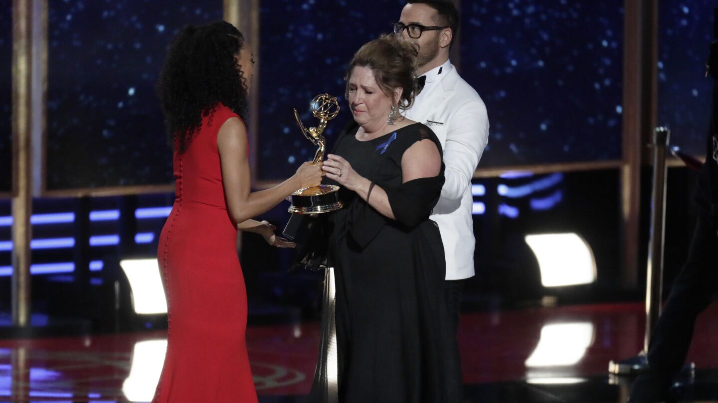LOS ANGELES, CA., September 17, 2017: Ann Dowd accepts the award for Outstanding Supporting Actress in a Drama Series for 'The Handmaids Tale' during the show at the 69th Emmy Awards at the Microsoft Theater in Los Angeles, CA., Sunday, September 17, 2017. (Robert Gauthier / Los Angeles Times)