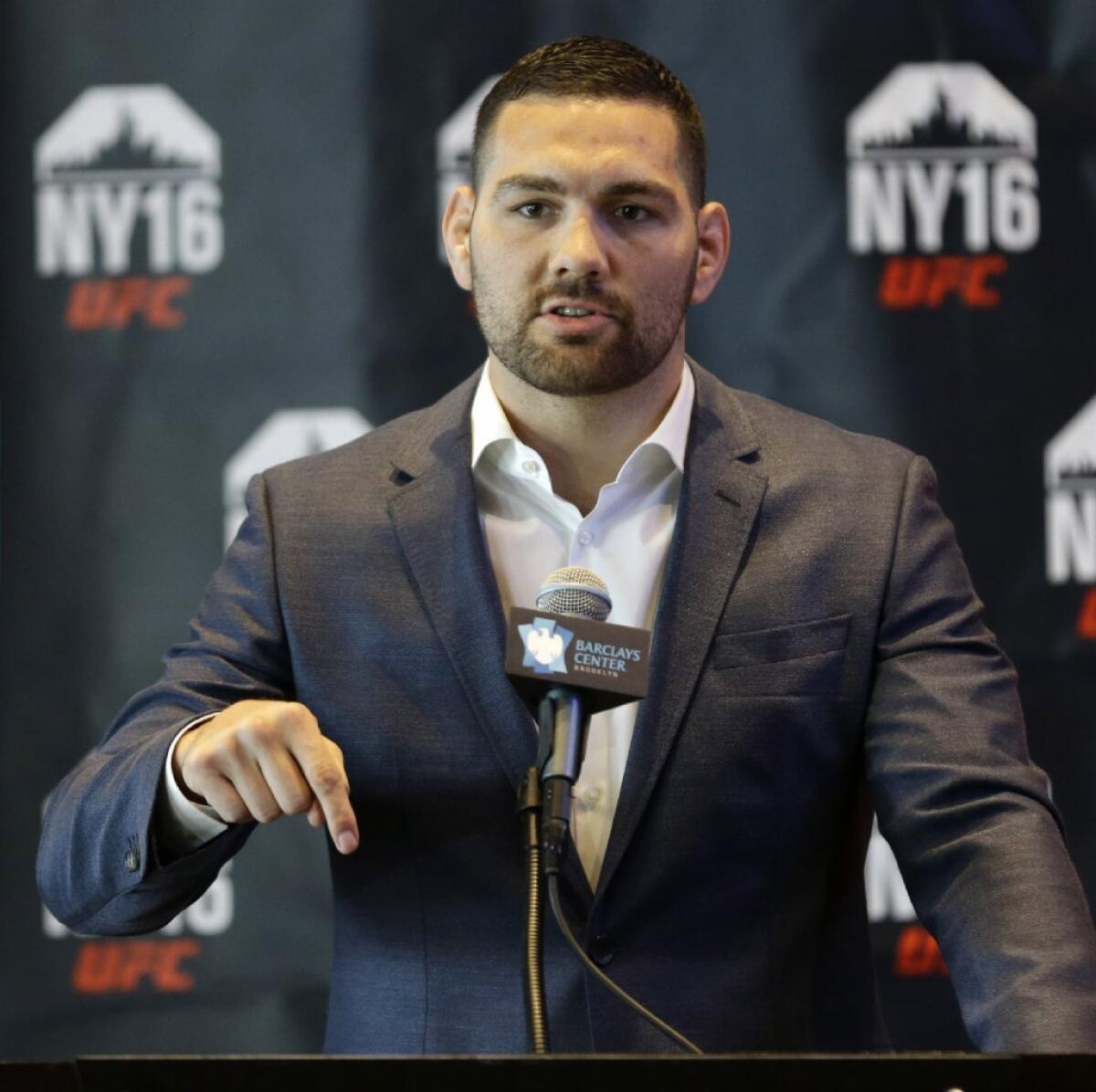 Former UFC champion Chris Weidman speaks at a news conference on Feb. 23 in support of legalizing mixed martial arts fighting in New York state.