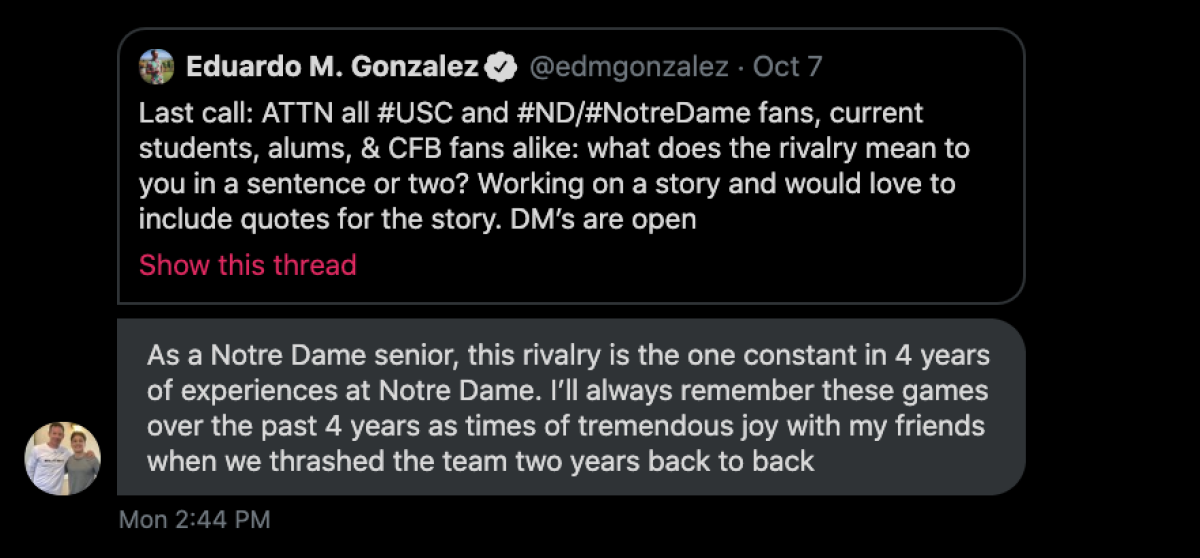 Notre Dame senior Holden Perrelli comments on the USC-ND rivalry on Twitter.