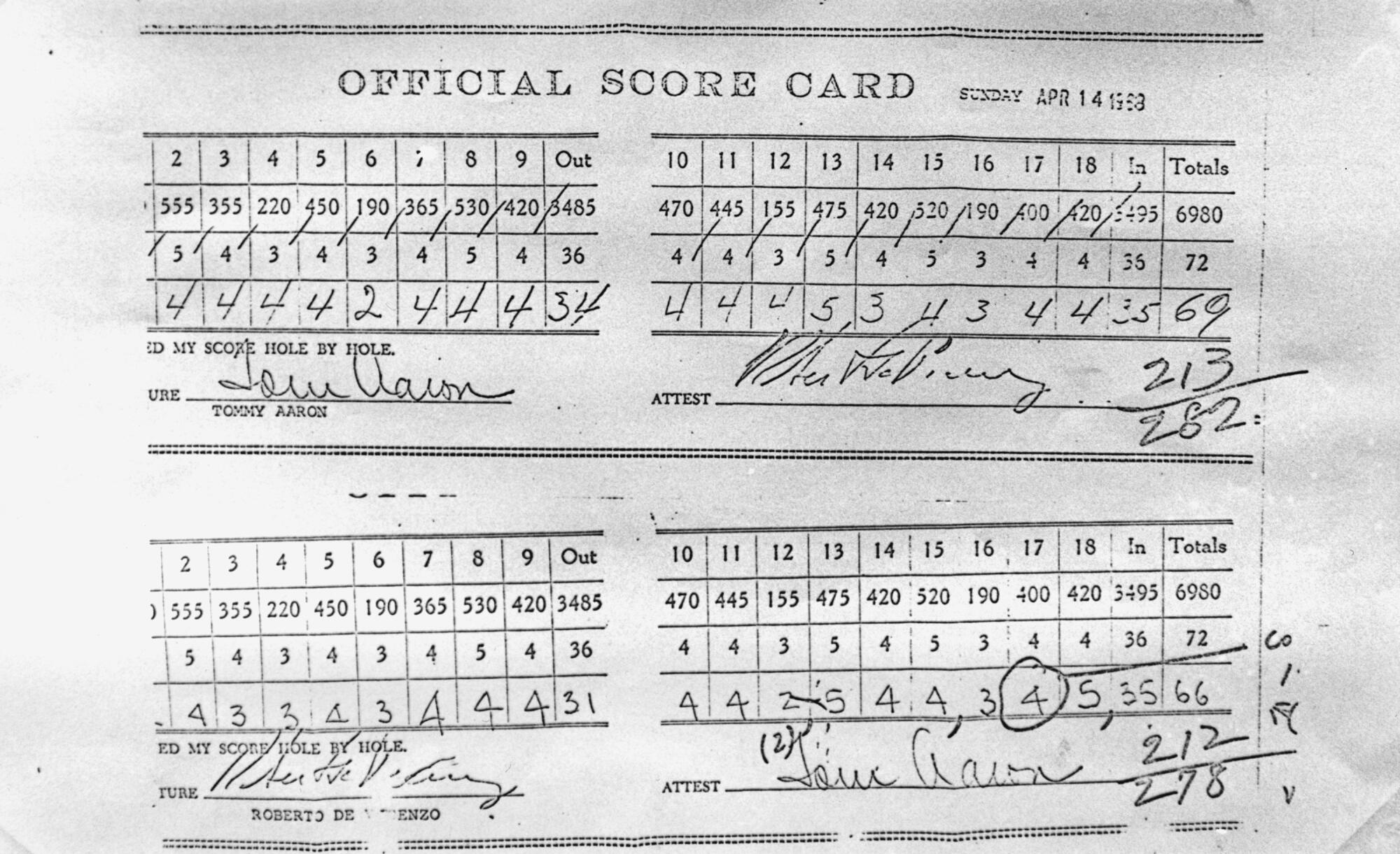 An April 14, 1968 photo shows a copy of the scorecard with an error that sealed Roberto de Vicenzo's runner-up finish.