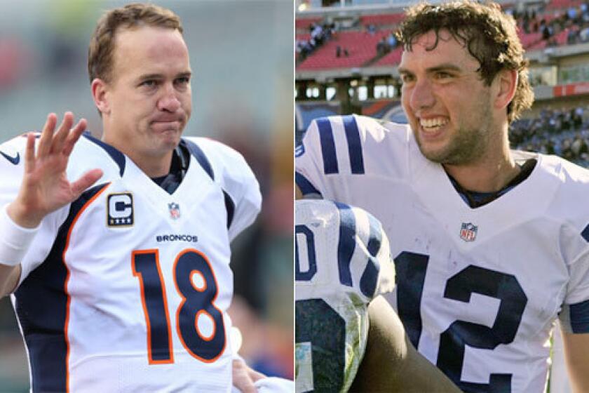 Denver's Peyton Manning, left, and Indianapolis' Andrew Luck have each thrown for 2,404 yards for their 5-3 teams.